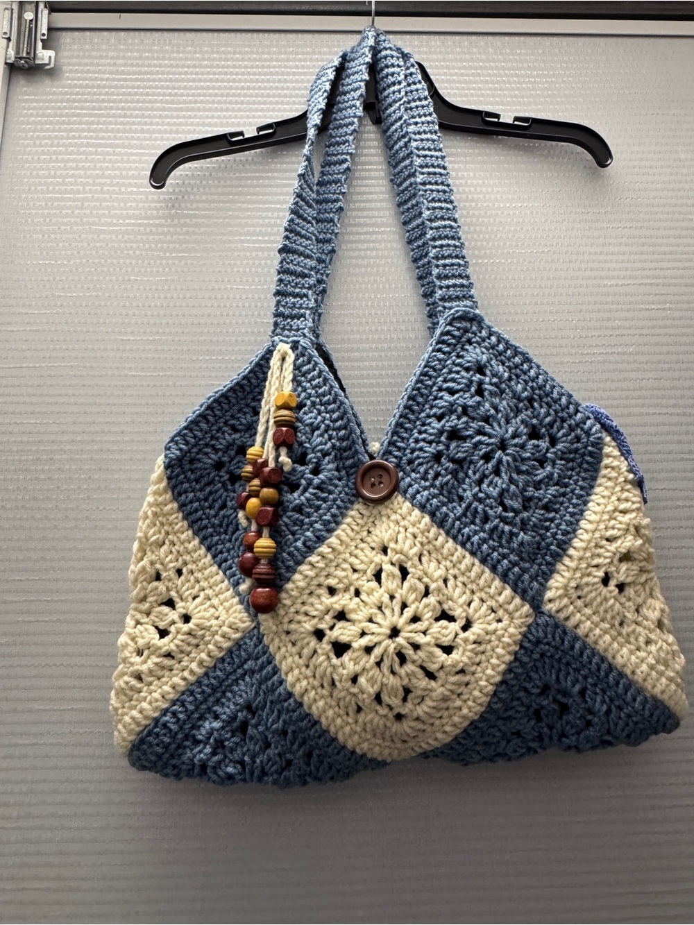Handmade Crochet Blue and Cream Patchwork Shoulder Bag
